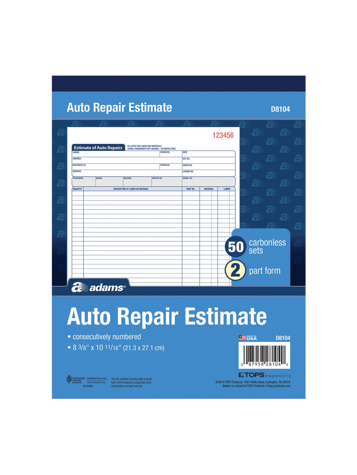 Adams Auto Repair Estimate Book Office Depot