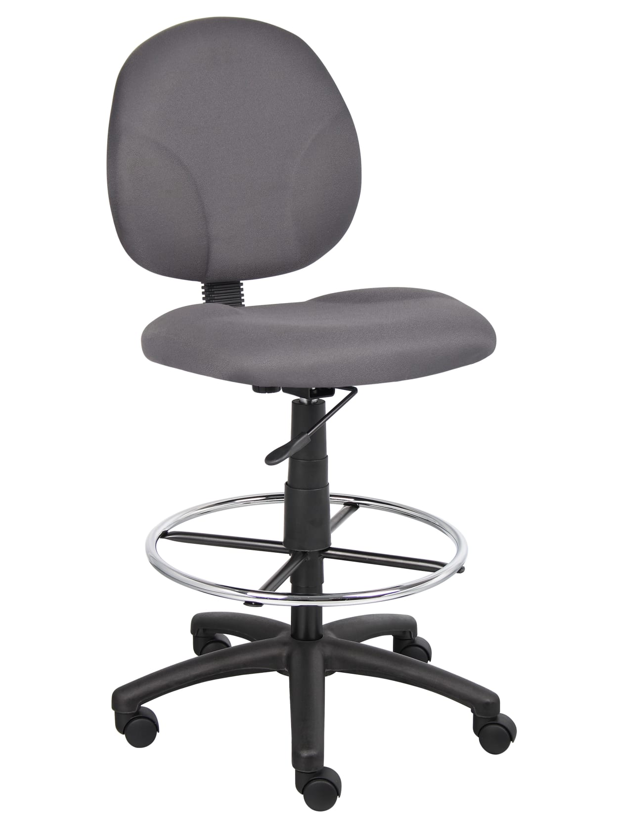 Boss Stand Up Fabric Drafting Stool With Foot Rest Black Gray Crepe Fabric Seat Gray Crepe Fabric Back 5 Star Base 20 Seat Width X 18 Seat Depth 19 5 Width X 25