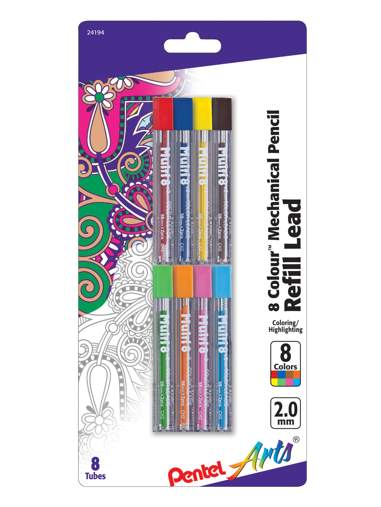 Pentel Arts Lead Pencil Refills 2 0 Mm Assorted Colors Pack Of 8