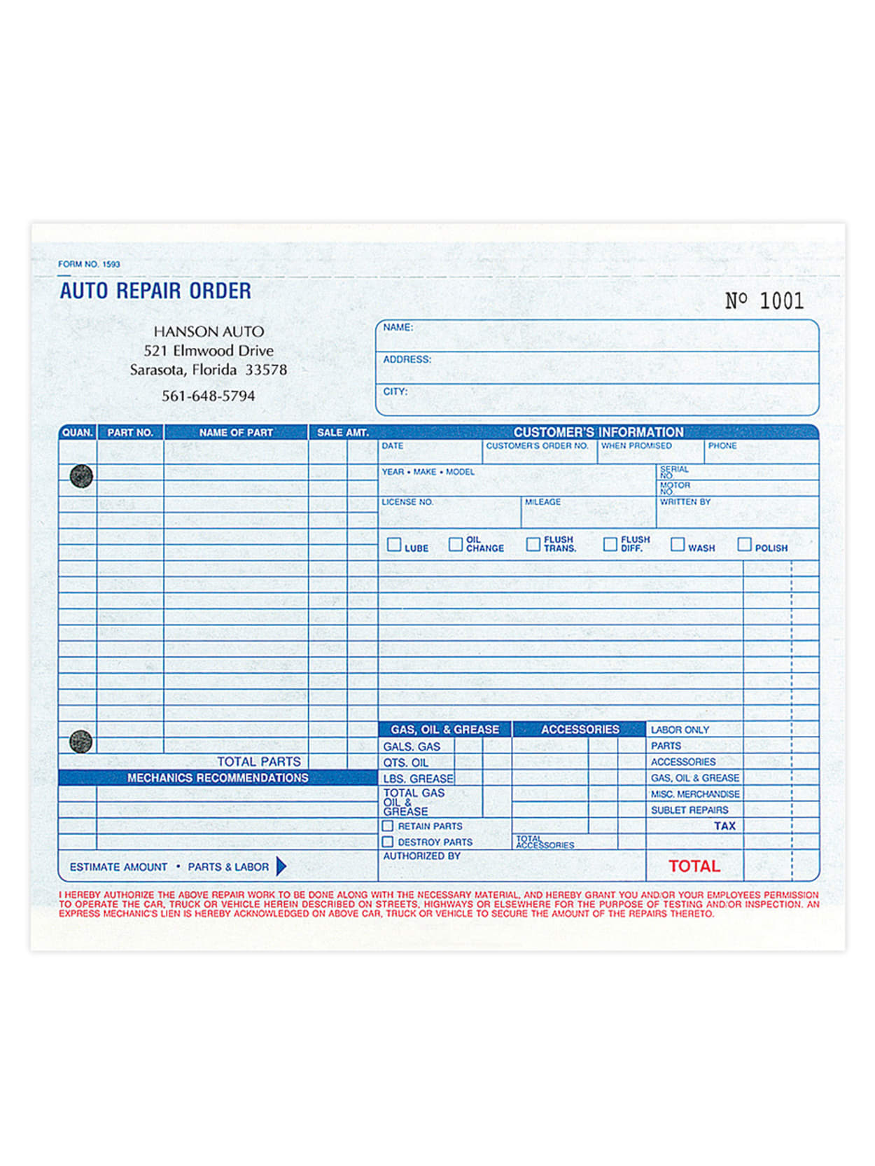 Custom Carbon Business Forms Pre Formatted Auto Repair Order Forms 8 12 X 7 3 Part Box Of 250 Office Depot