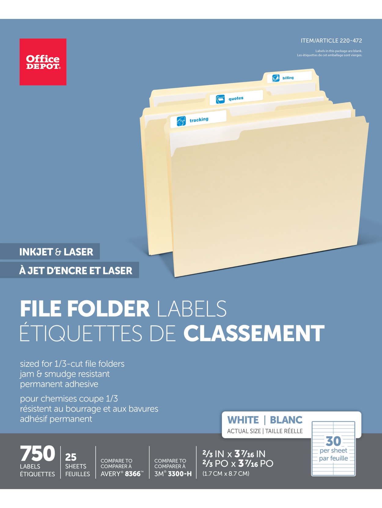 Office Depot Brand Permanent Inkjetlaser File Folder Labels 505 O004 0011 23 X 3 716 White Pack Of 750 Office Depot