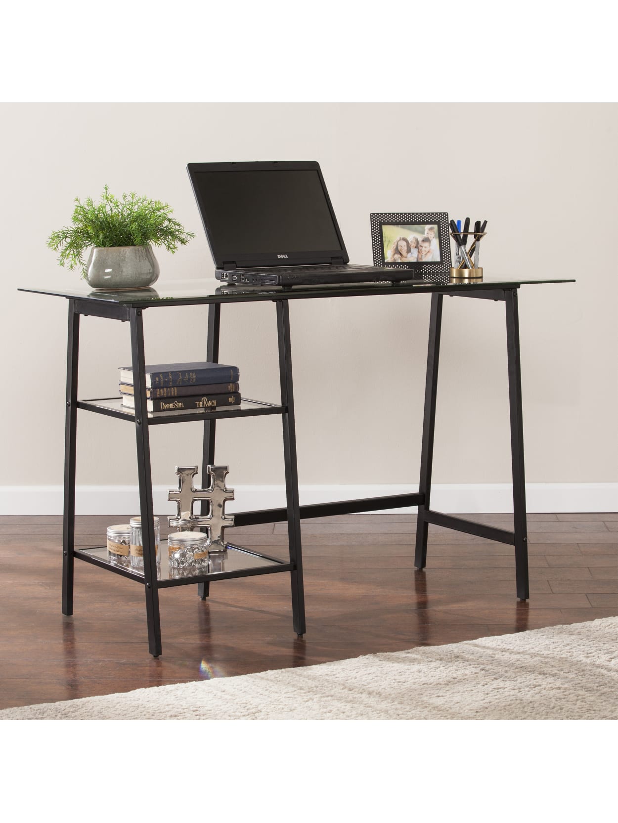 Southern Enterprises Avery Metal Glass Sawhorse A Frame Writing Desk Black Office Depot
