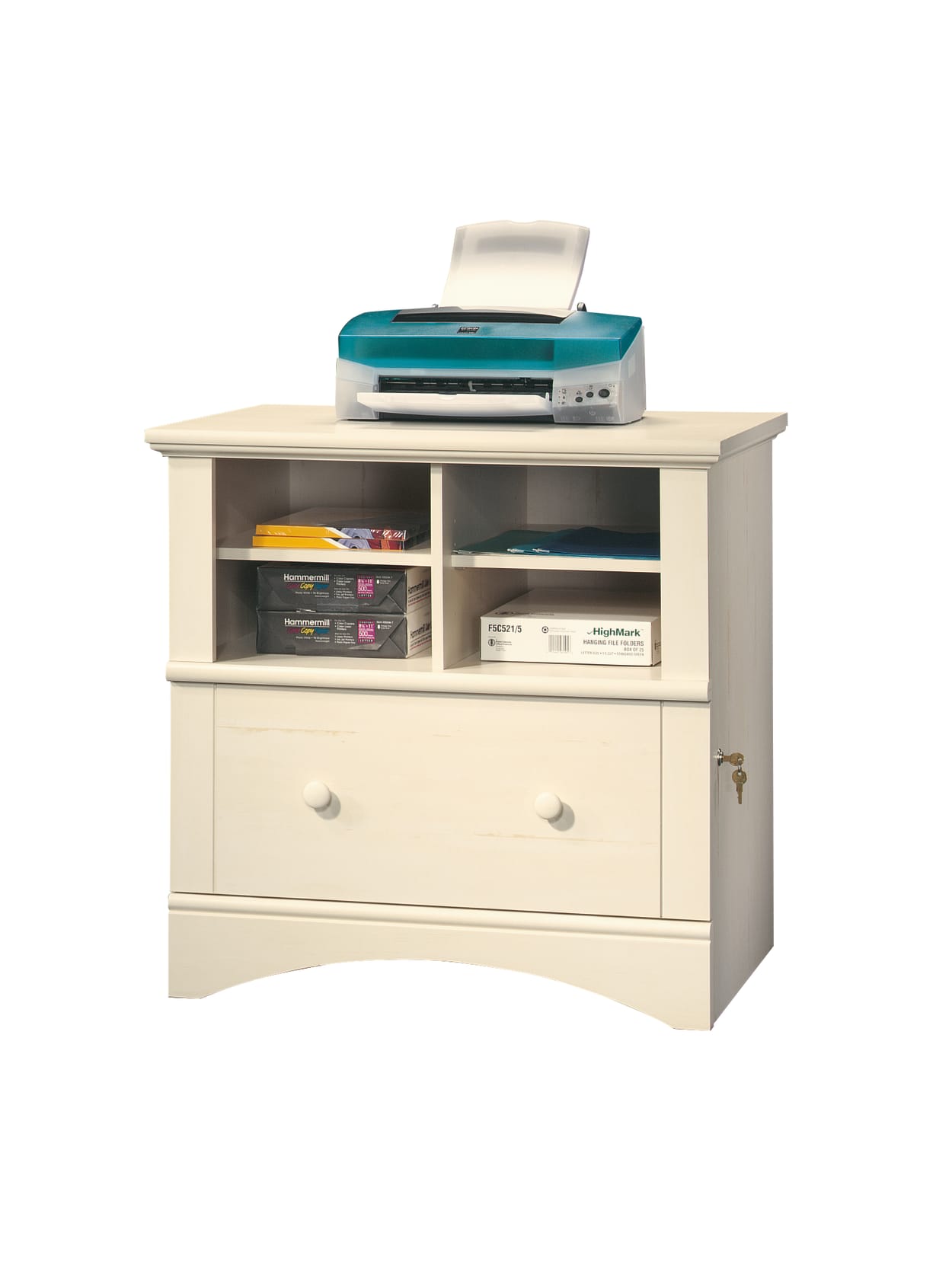 Sauder Harbor View 32 W Lateral 1 Drawer File Cabinet Antiqued White Office Depot