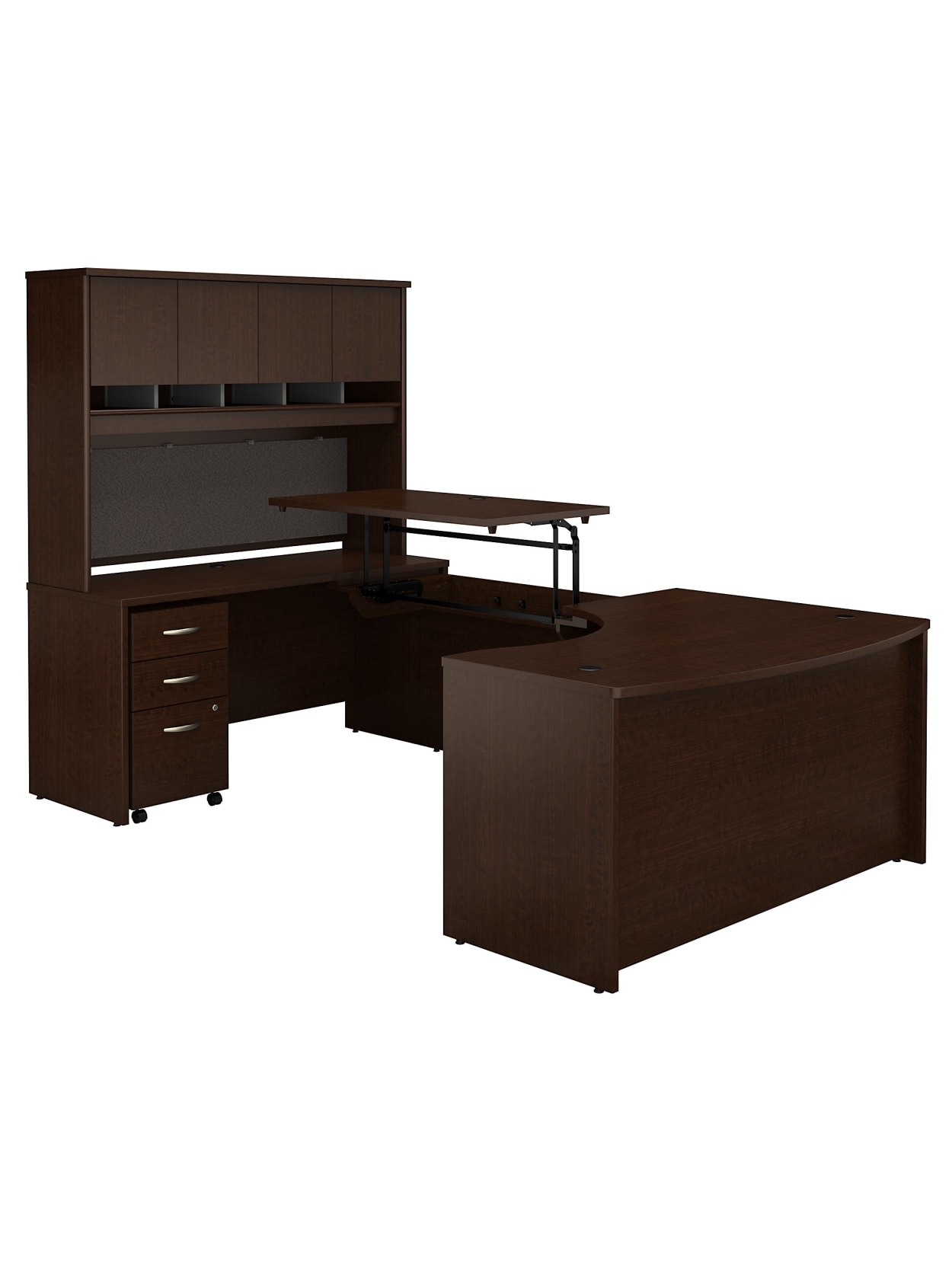 Bush Business Furniture Components 60 W Left Hand 3 Position Sit To Stand U Shaped Desk With Hutch And Mobile File Cabinet Mocha Cherry Standard Delivery Office Depot