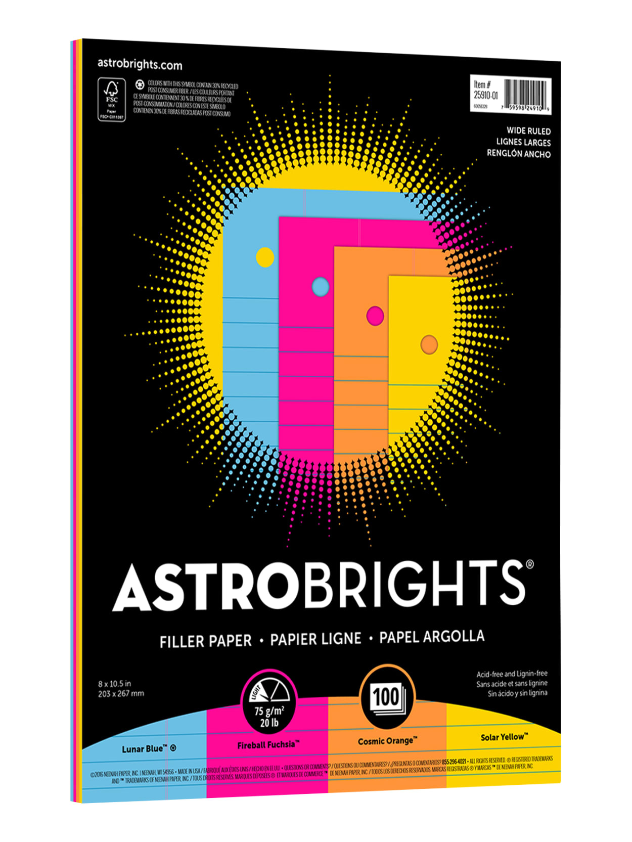 Astrobrights Filler Paper 8 X 10 12 Wide Ruled Lb Fsc Certified Assorted Colors Pack Of 100 Sheets Office Depot