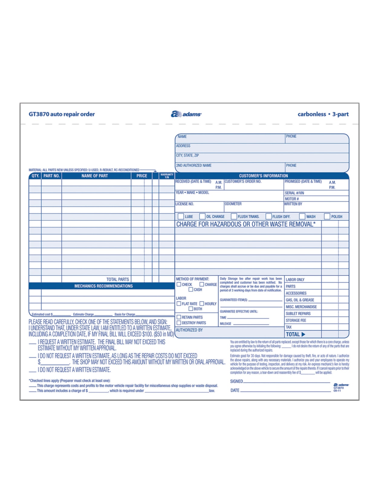 Adams Auto Repair Order Set 8 12 X 7 716 3 Part Carbonless Whitecanarywhite Office Depot