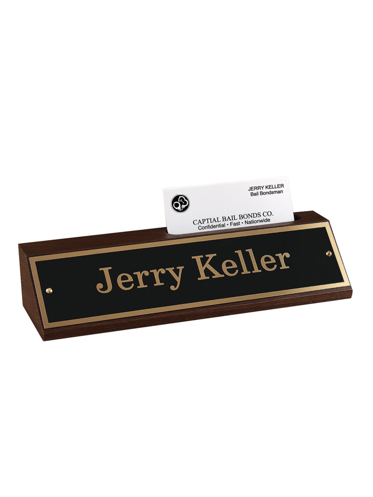 Custom Engraved Black And Gold Metal Desk Sign With Walnut Desk Bar And Business Card Holder 1 34 X 8 12 Office Depot