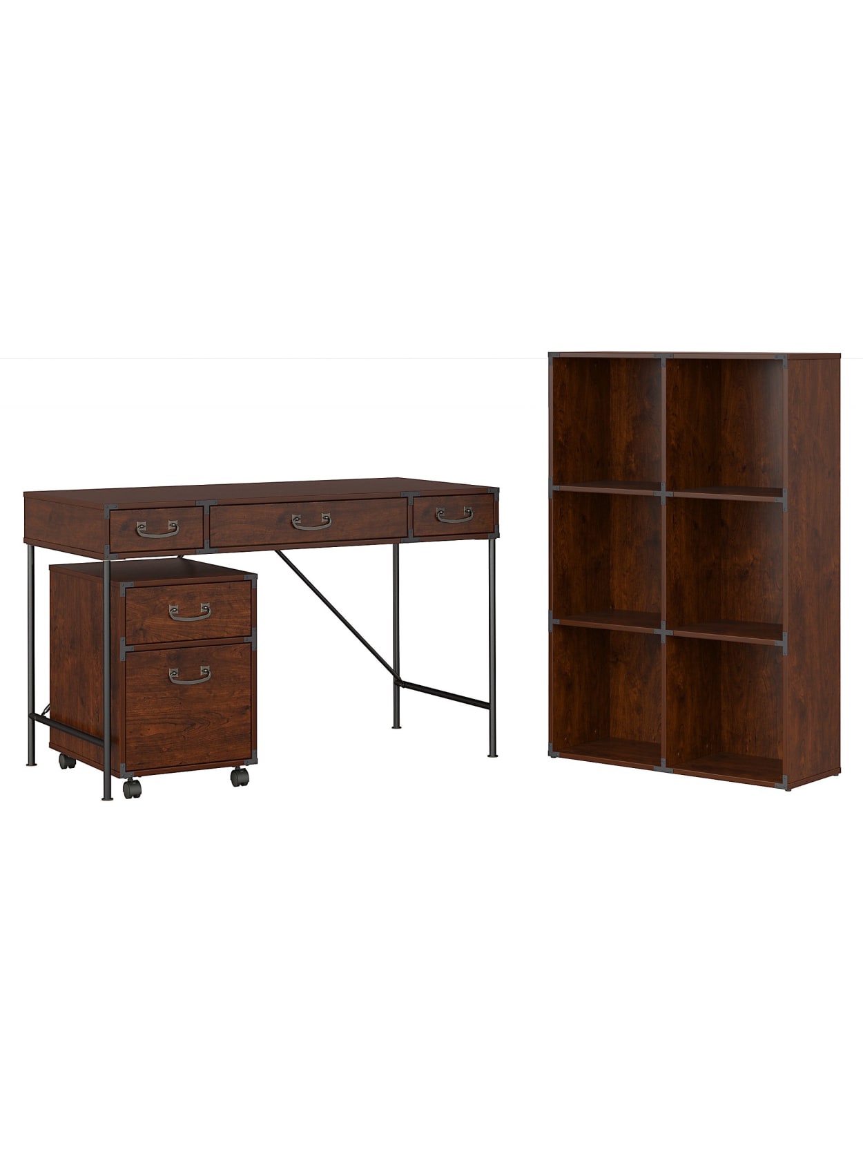 Kathy Ireland Home By Bush Furniture Ironworks 48 W Writing Desk 2 Drawer Mobile Pedestal And 6 Cube Bookcase Coastal Cherry Standard Delivery Office Depot