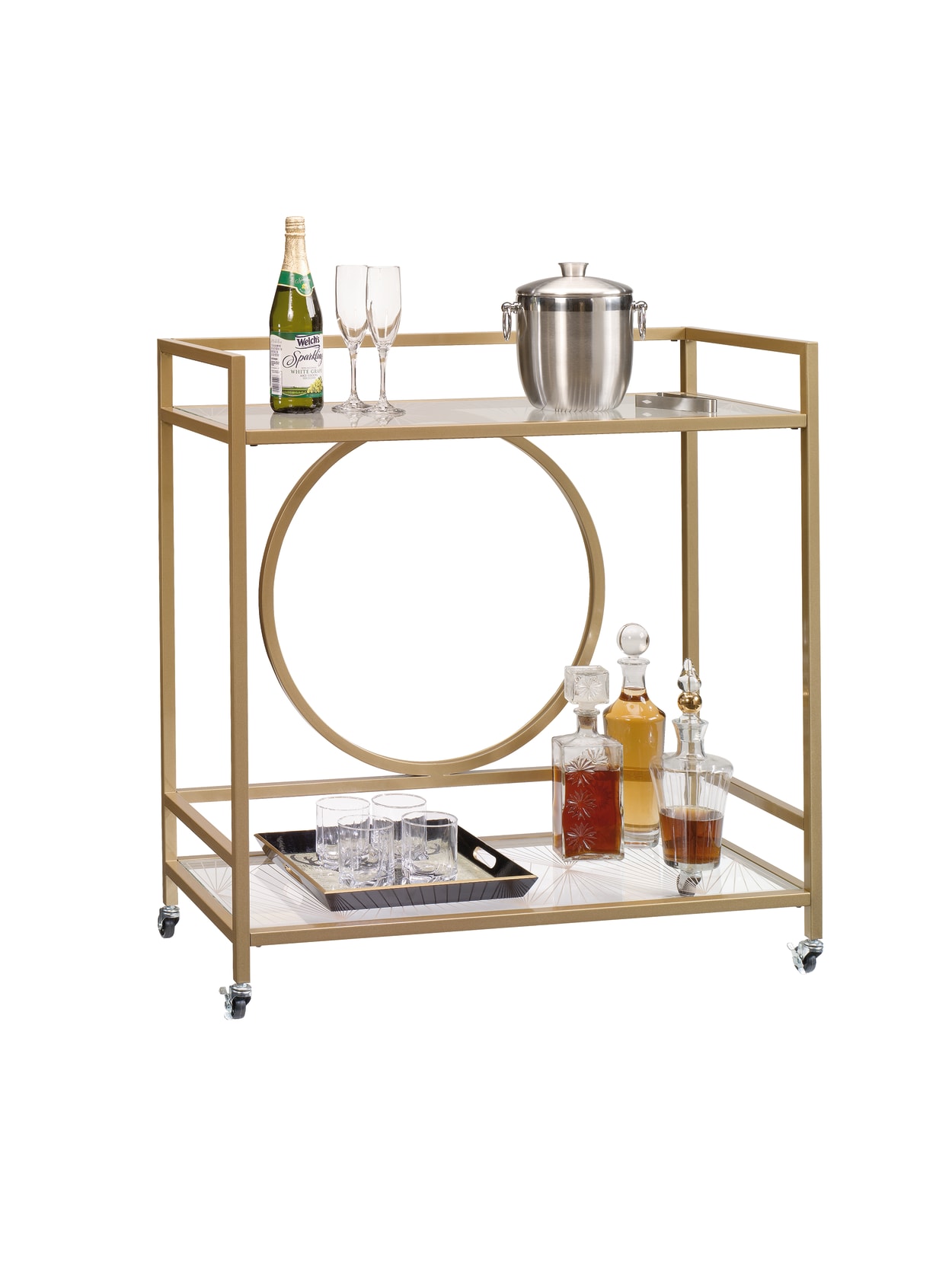 Sauder 417828 Lux Rolling Bar Cart Metal Construction in Satin Gold Finish New