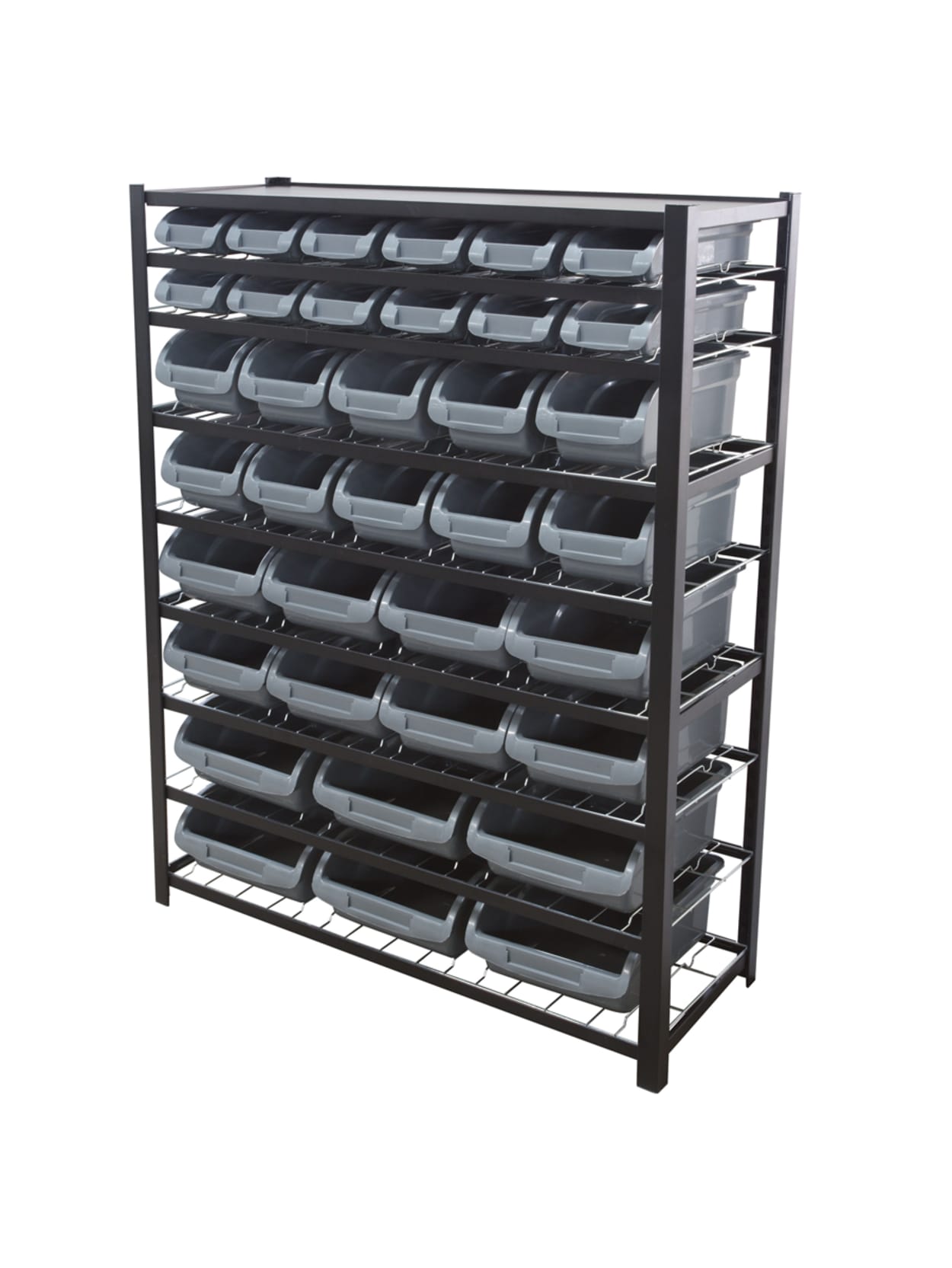 metal mesh shoe rack on Edsal Bin Storage Rack 36 Bins 57 H X 44 W X 16 D Black Office Depot