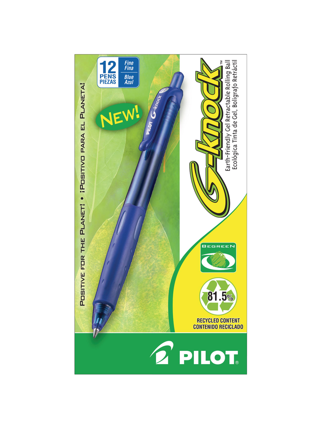 Pilot G Knock Begreen Gel Rollerball Pen Fine Point 0 7 Mm 81percent Recycled Blue Barrel Blue Ink Pack Of 12 Office Depot