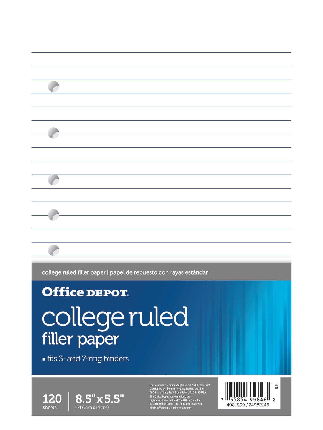 Office Depot Brand College Ruled Notebook Filler Paper 7 Hole Punched 8 12 X 5 12 120 Sheets Office Depot