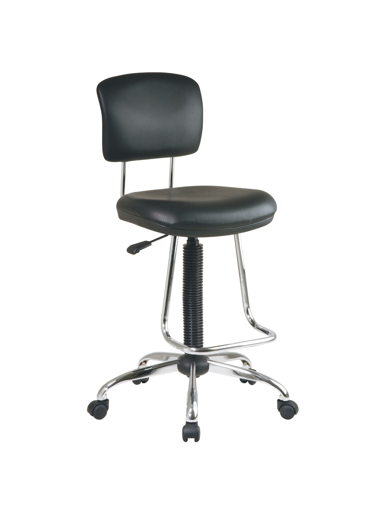 Chrome Finish Economical Chair With Teardrop Footrest Pneumatic Drafting Chair With Vinyl Stool And Back Height Adjustment 26 To 36 Overall Heavy Duty Chrome Base With Dual Wheel Carpet Casters Office Depot