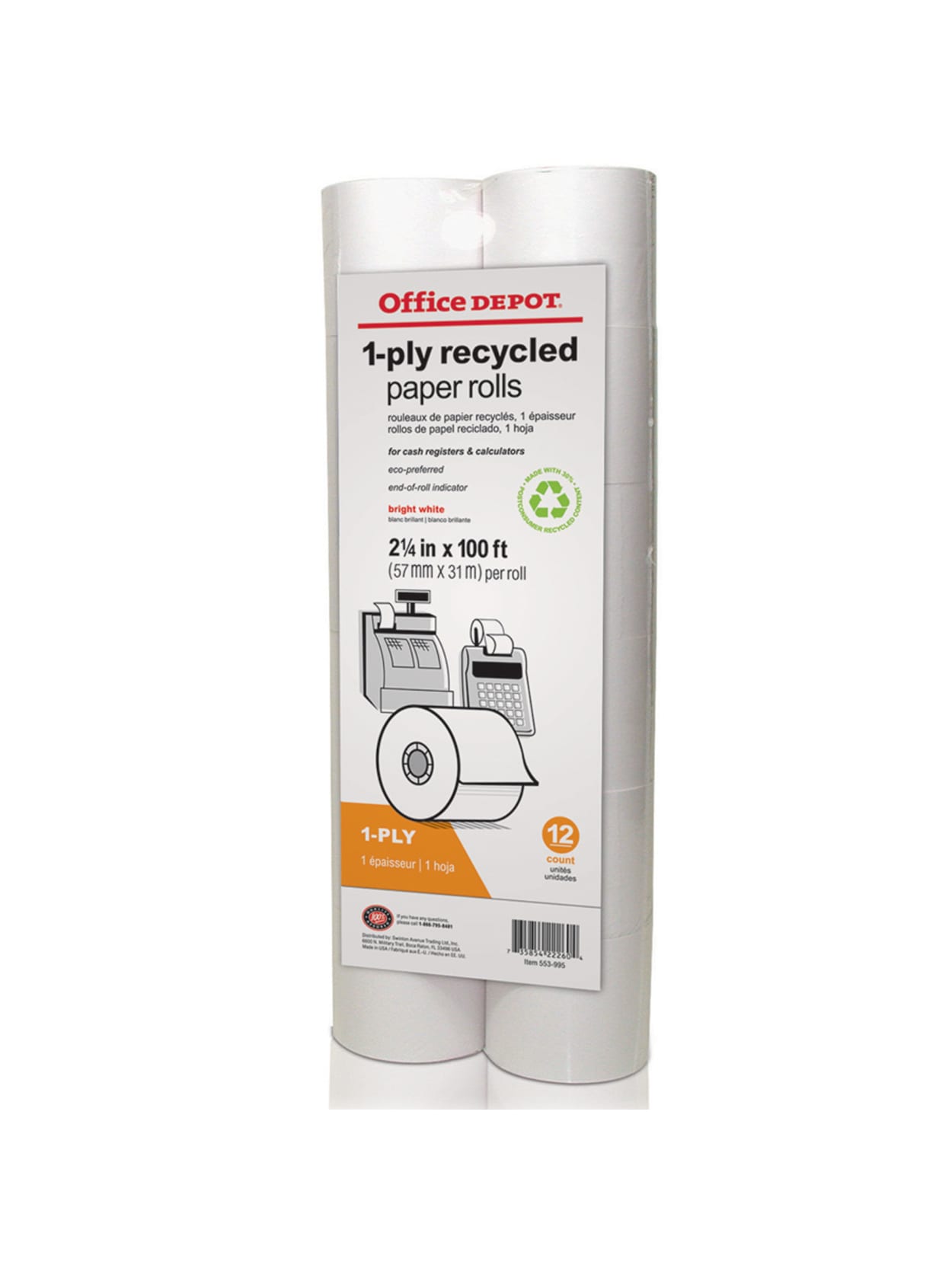 Office Depot Brand 1 Ply Paper Rolls 2 14 X 100 70percent Recycled White Pack Of 12 Office Depot