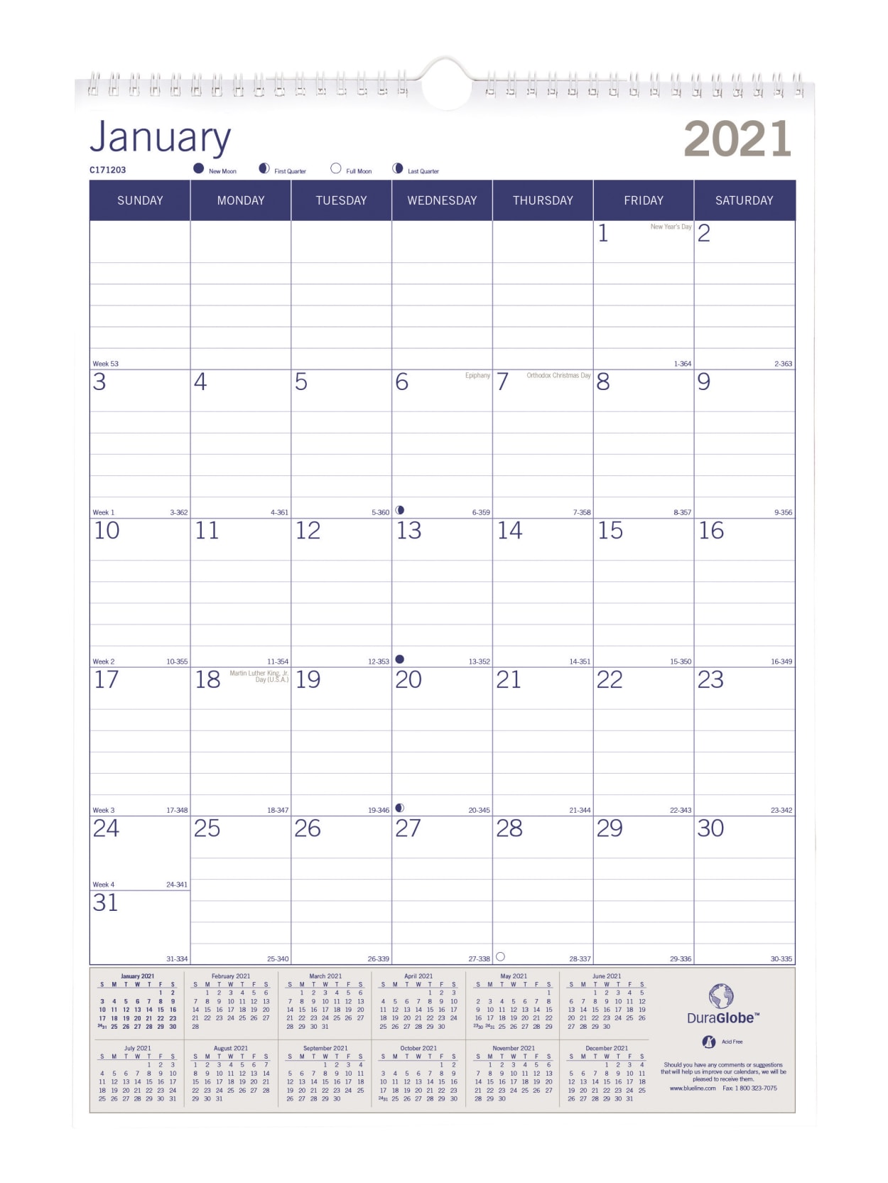 Blueline Duraglobe Monthly Wall Calendar 12 X 17 Fsc Certified Bluegrey 12 Month January To December 2021 Office Depot