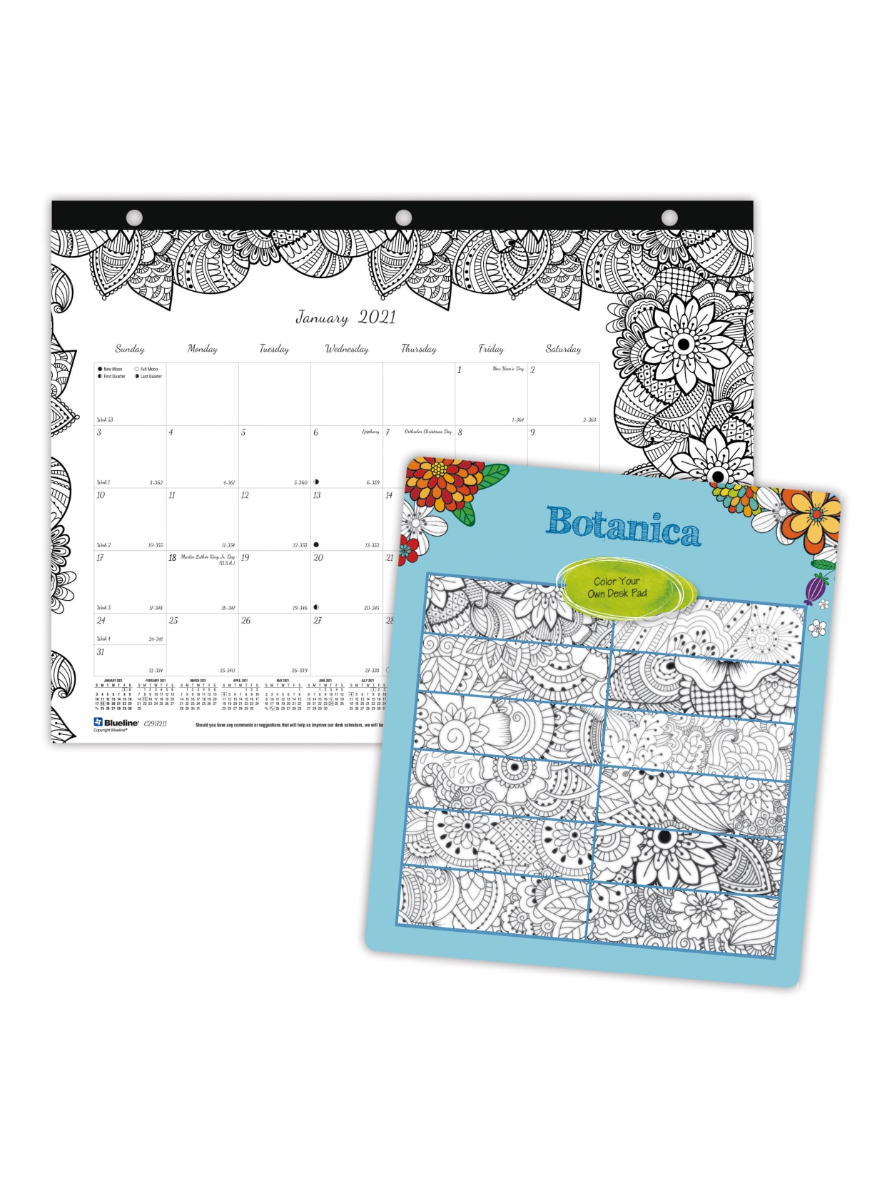 Blueline Doodleplan Coloring Monthly Mini Desk Pad Calendar 12