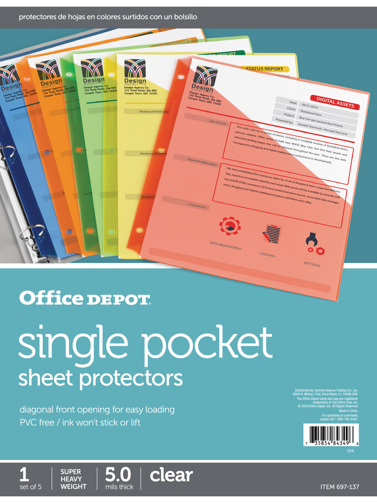 Office Depot Brand Single Pocket Sheet Protectors 8 12 X 11 Assorted Colors Pack Of 5 Office Depot