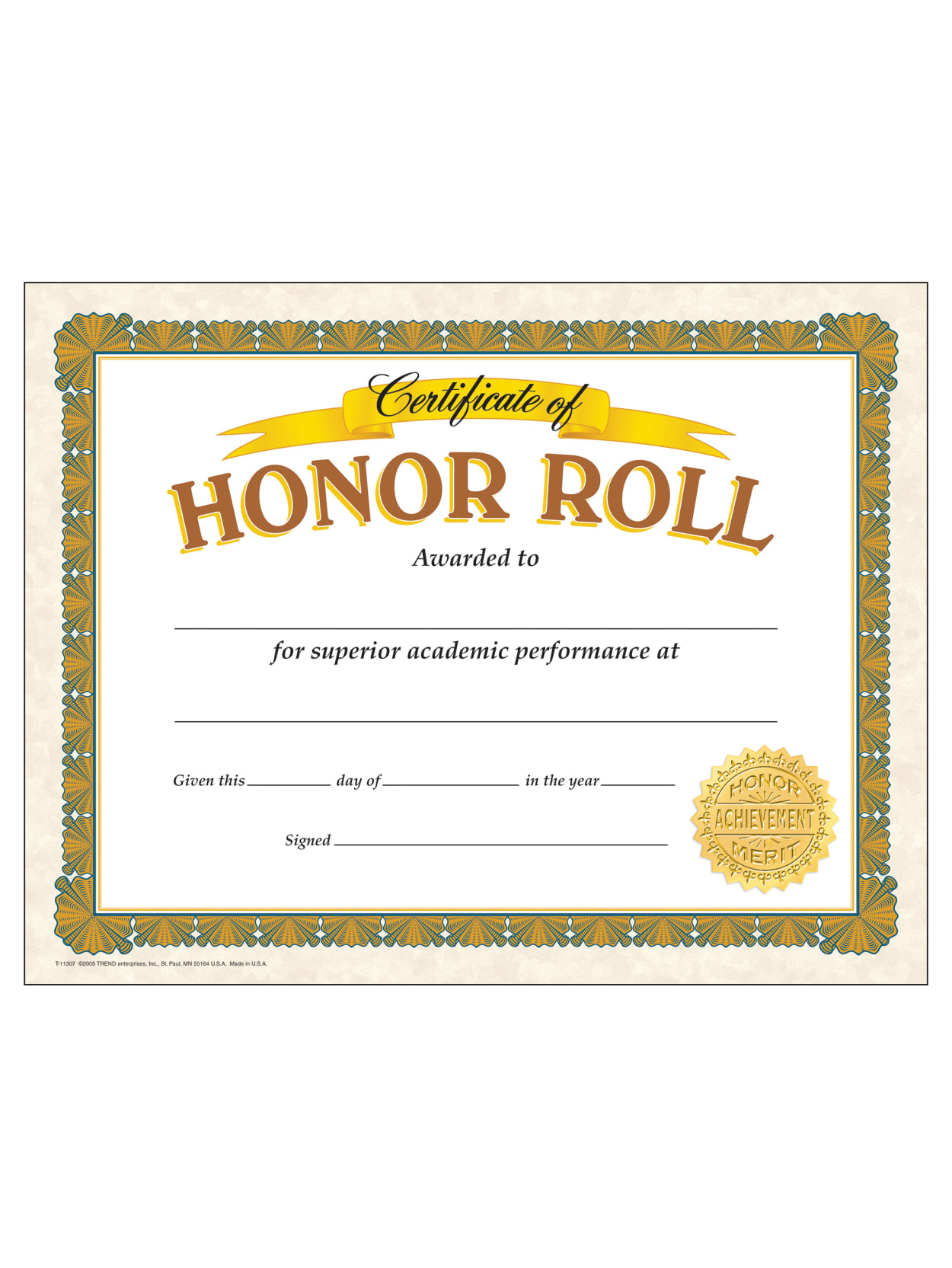 Trend Certificates Honor Roll 8 12 X 11 Goldwhite Pre K Grade 12 Pack Of 30 Office Depot