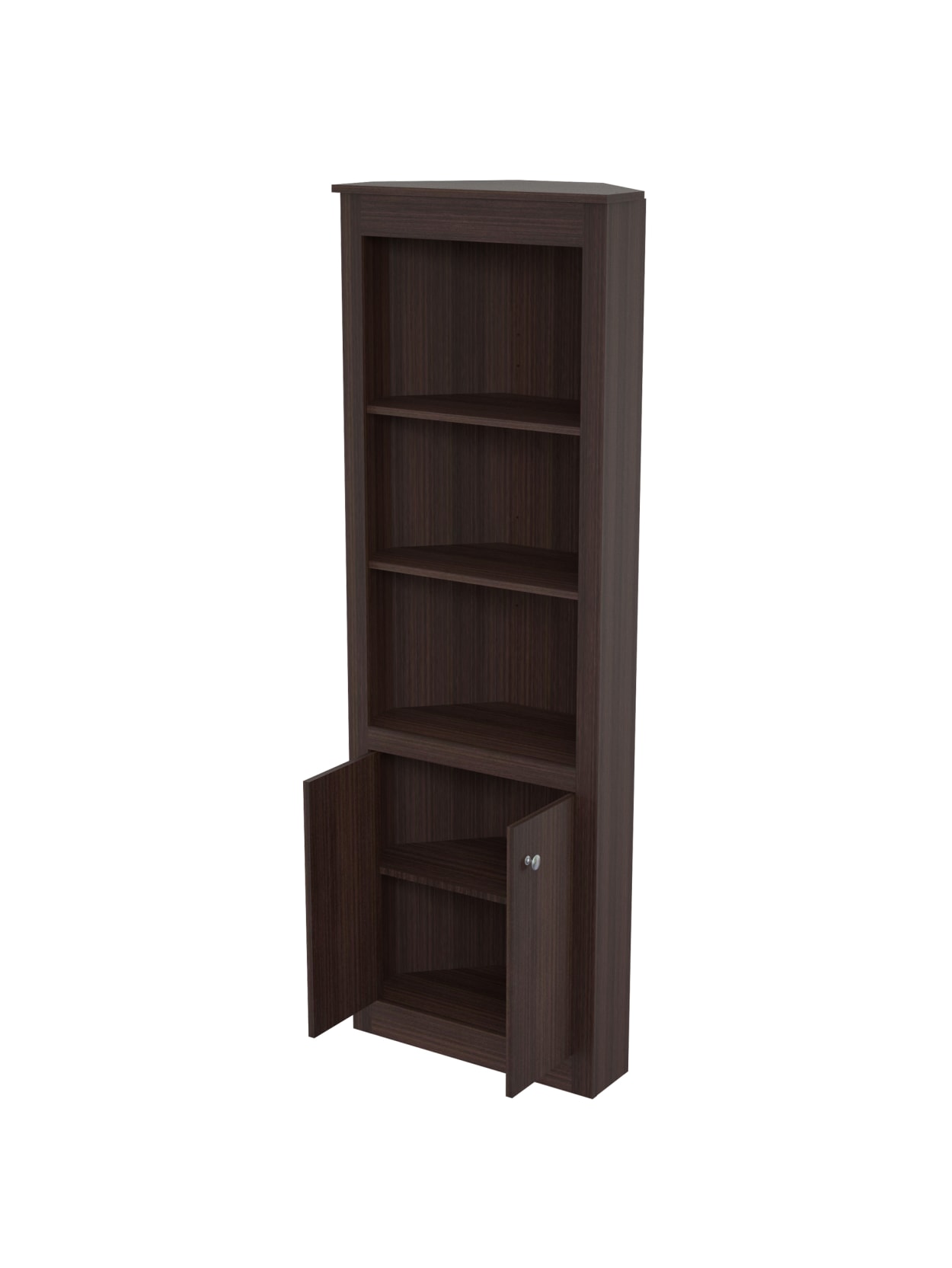 small black bookshelf with doors