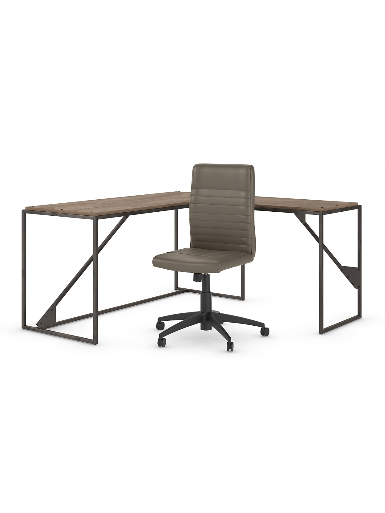 Bush Furniture Refinery 62 W L Shaped Desk With Mid Back Ribbed Leather Office Chair Rustic Graycharred Wood Standard Delivery Office Depot