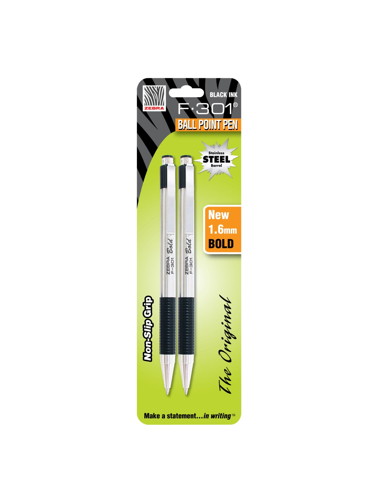 Zebra F 301 Stainless Steel Retractable Ballpoint Pens Bold Point 1 6 Mm Black Ink Pack Of 2 Office Depot