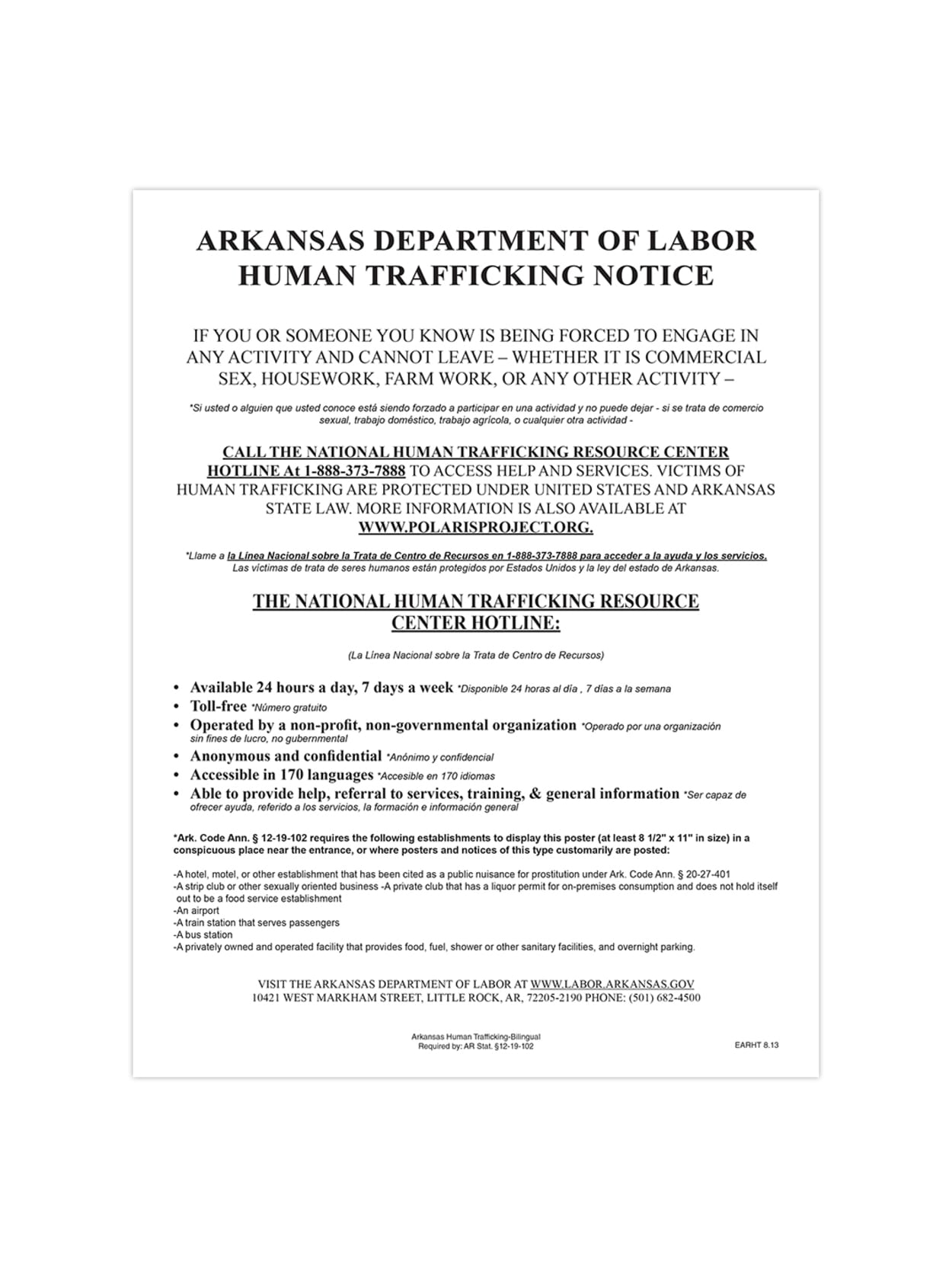 Complyright State Specialty Poster Englishspanish Arkansas Human Trafficking 8 12 X 11 Office Depot