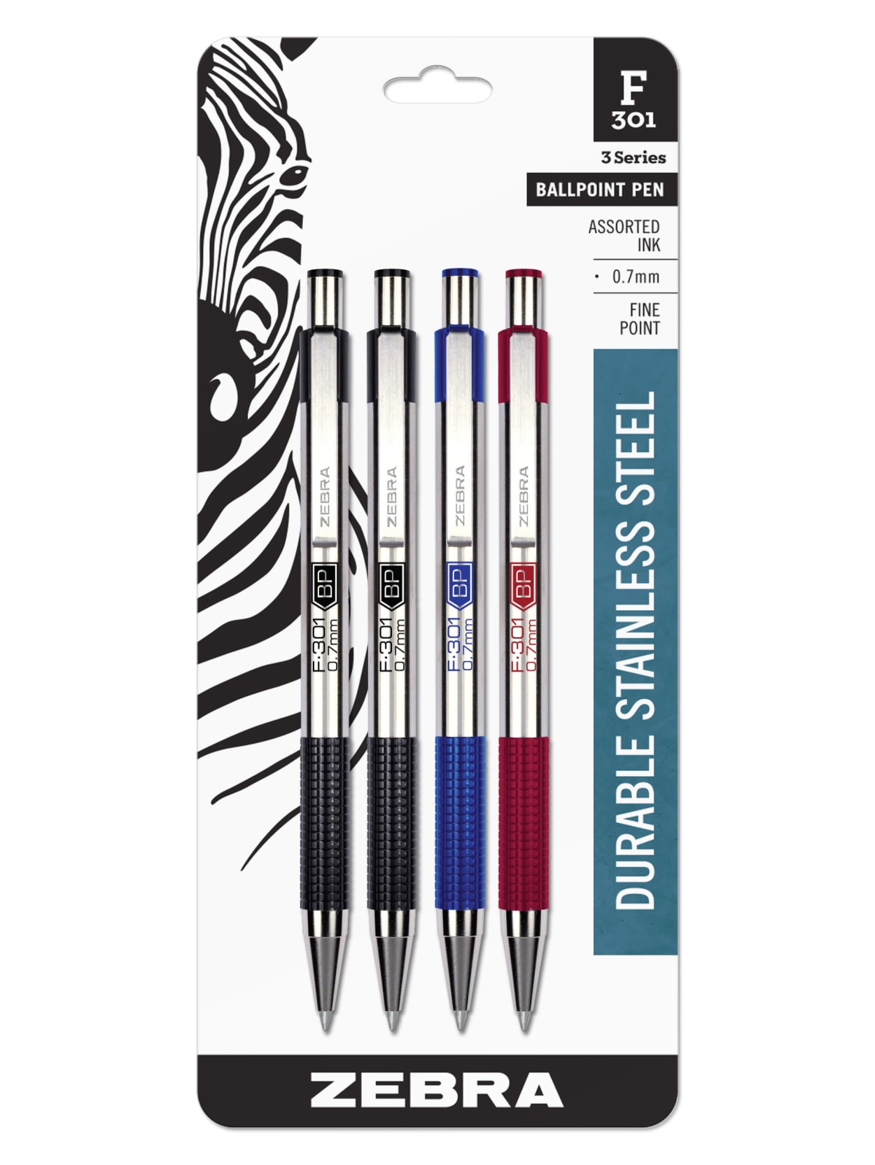 Zebra F 301 Stainless Steel Retractable Ballpoint Pens Fine Point 0 7 Mm Stainless Steel Barrel Assorted Ink Colors Pack Of 4 Office Depot