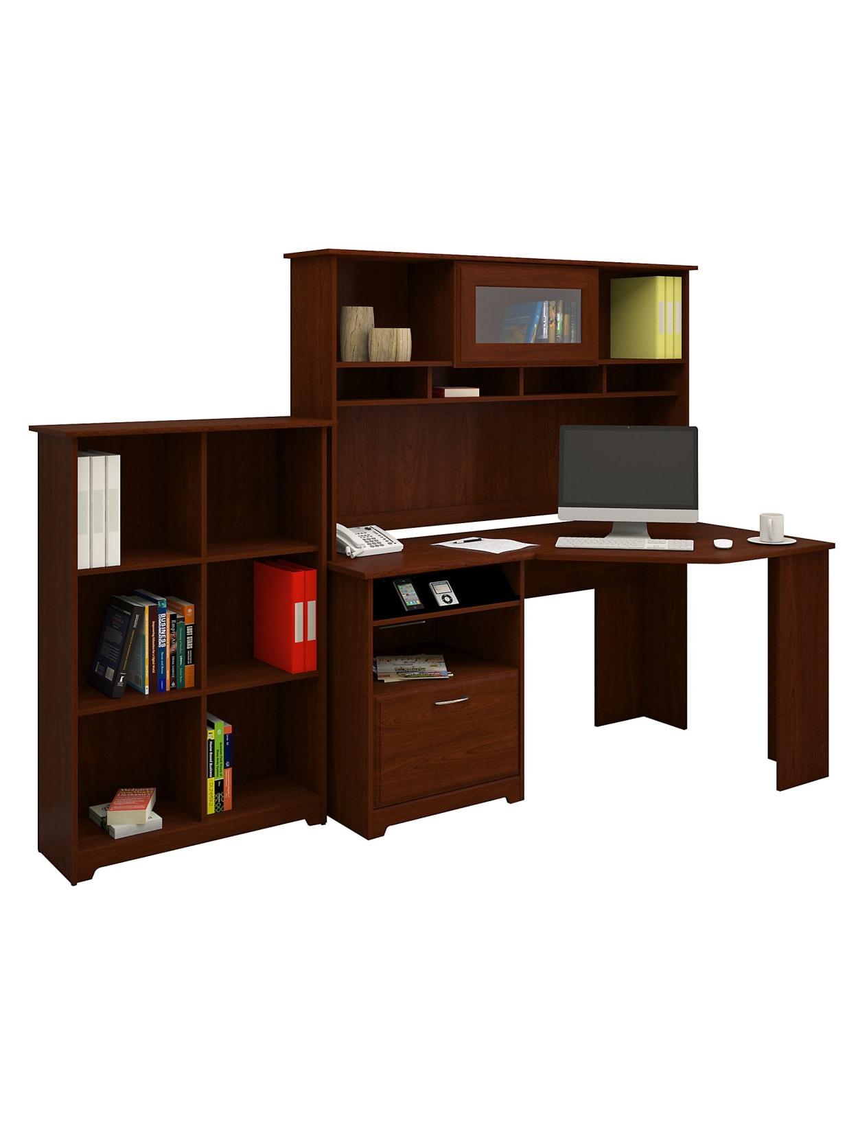 Bush Furniture Cabot Corner Desk With Hutch And 6 Cube Bookcase Harvest Cherry Standard Delivery Office Depot
