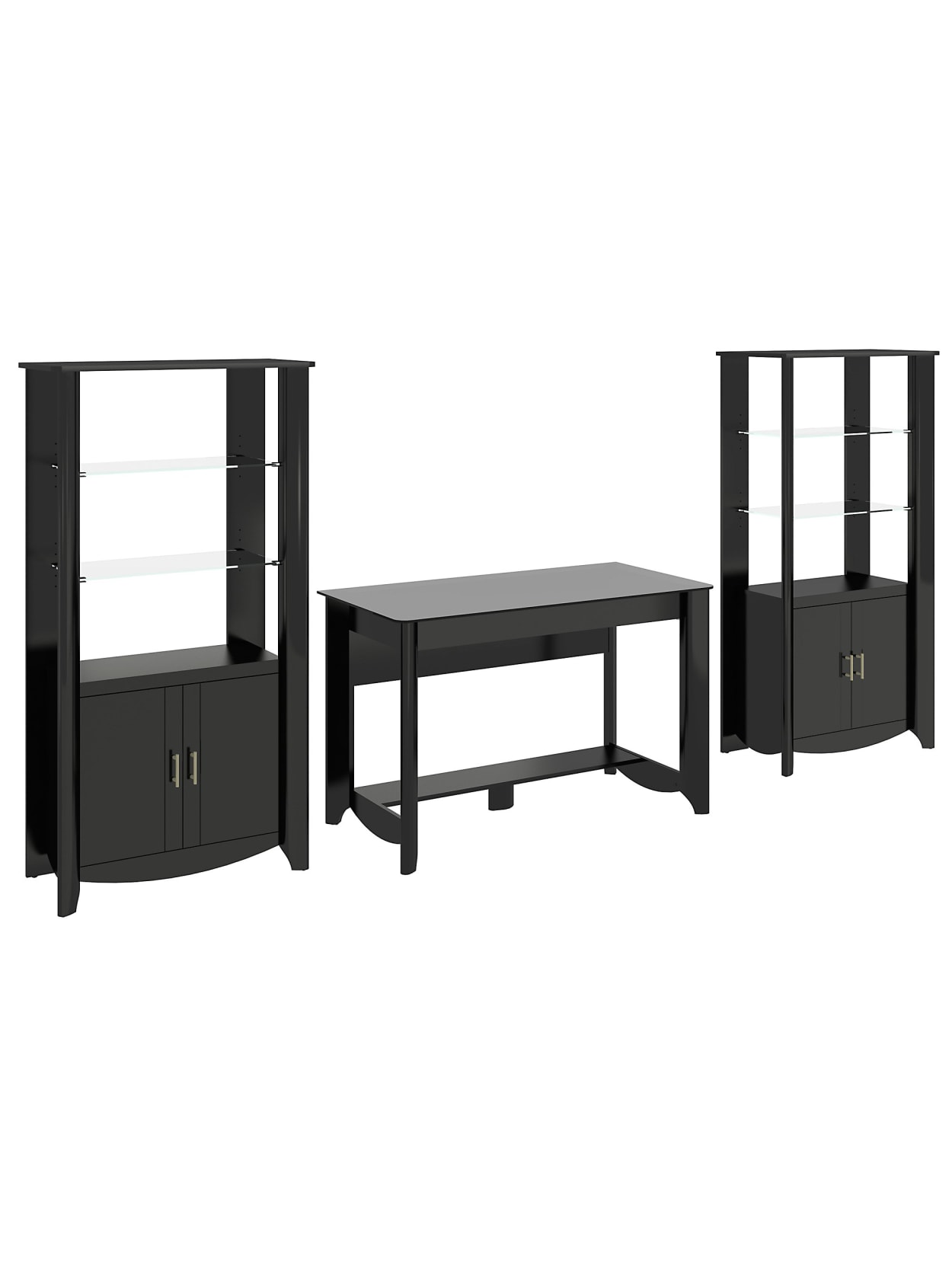 Bush Furniture Aero Writing Desk And Set Of 2 Tall Library Storage Cabinets With Doors Classic Black Standard Delivery Office Depot