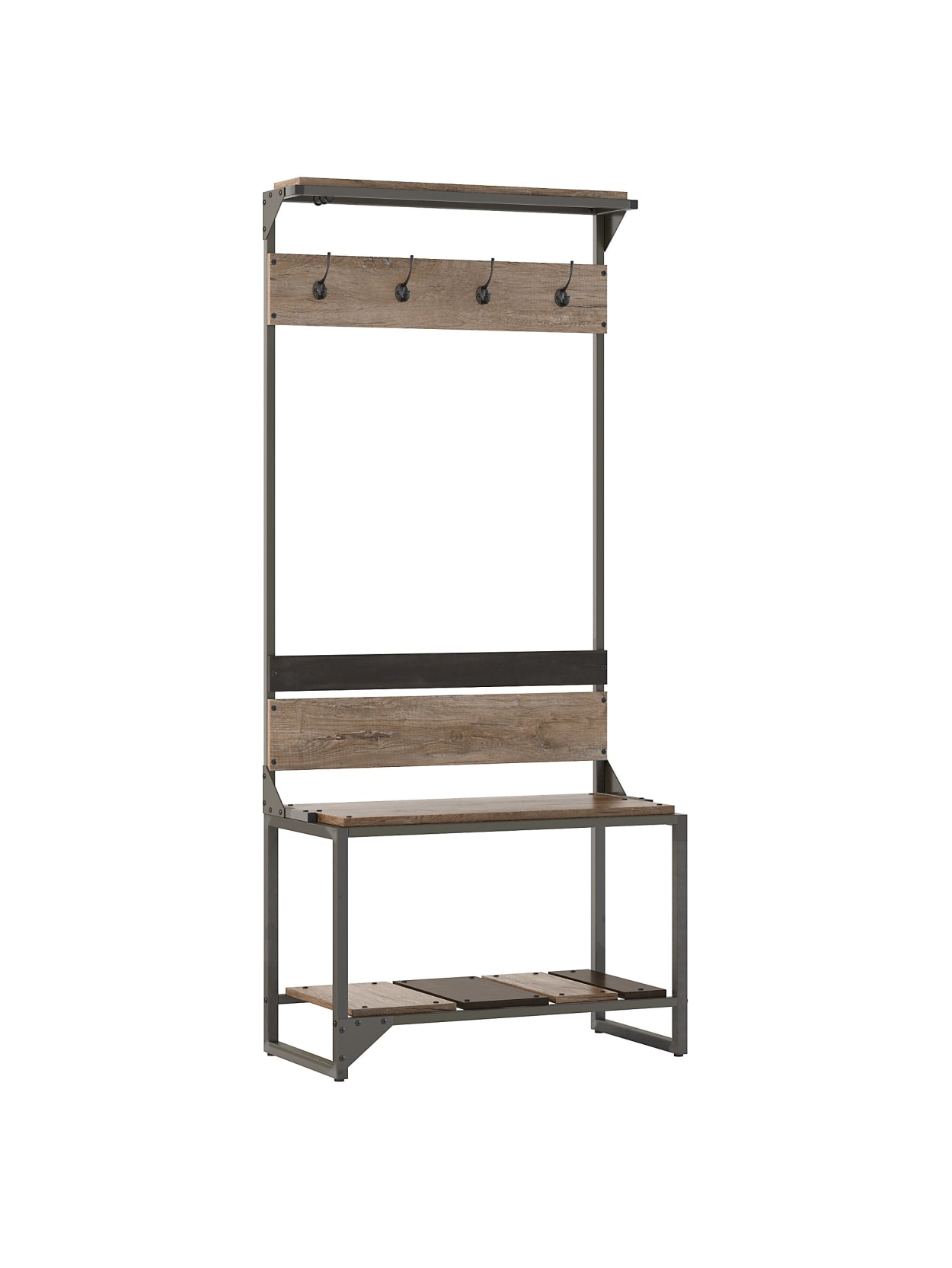 hall tree with shoe storage bench on Bush Refinery Hall Tree Graycharred Standard Office Depot