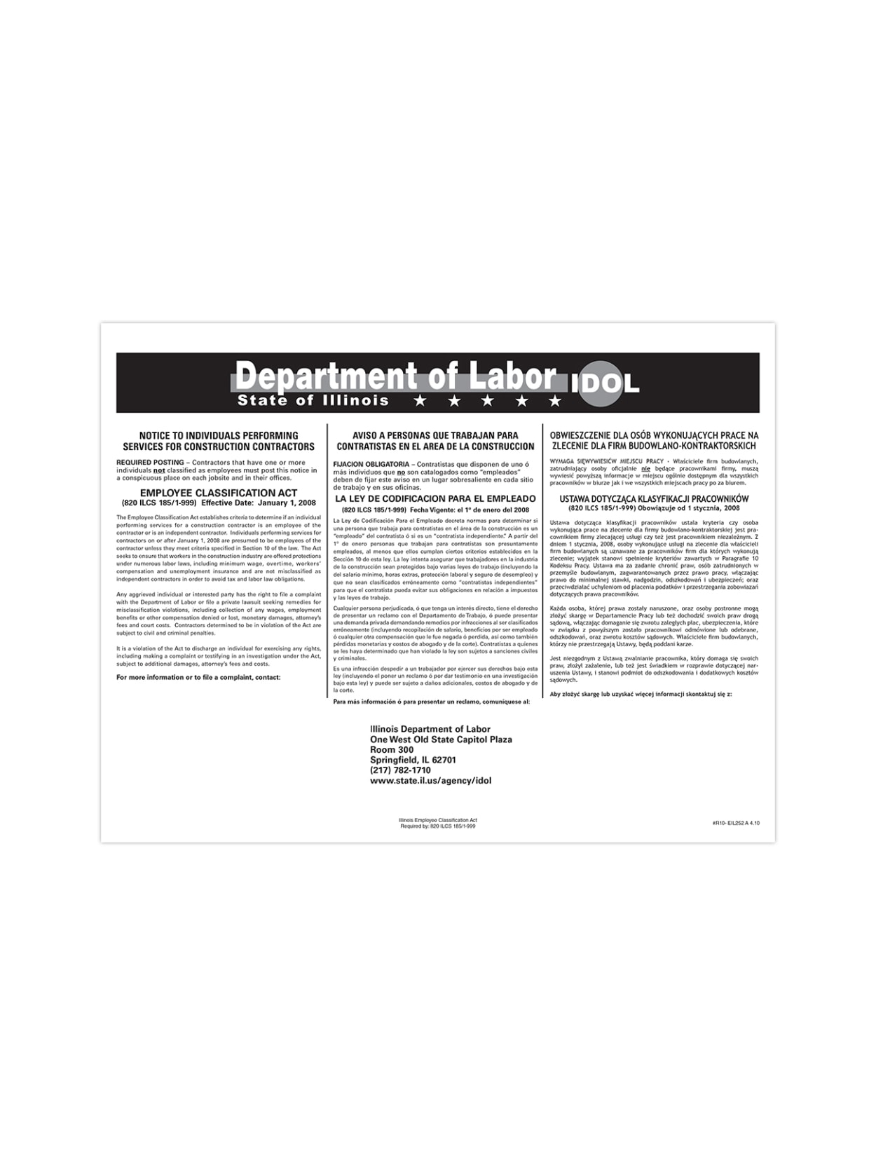 Complyright State Specialty Poster Employee Classification Act Englishspanishpolish Illinois 8 12 X 11 Office Depot