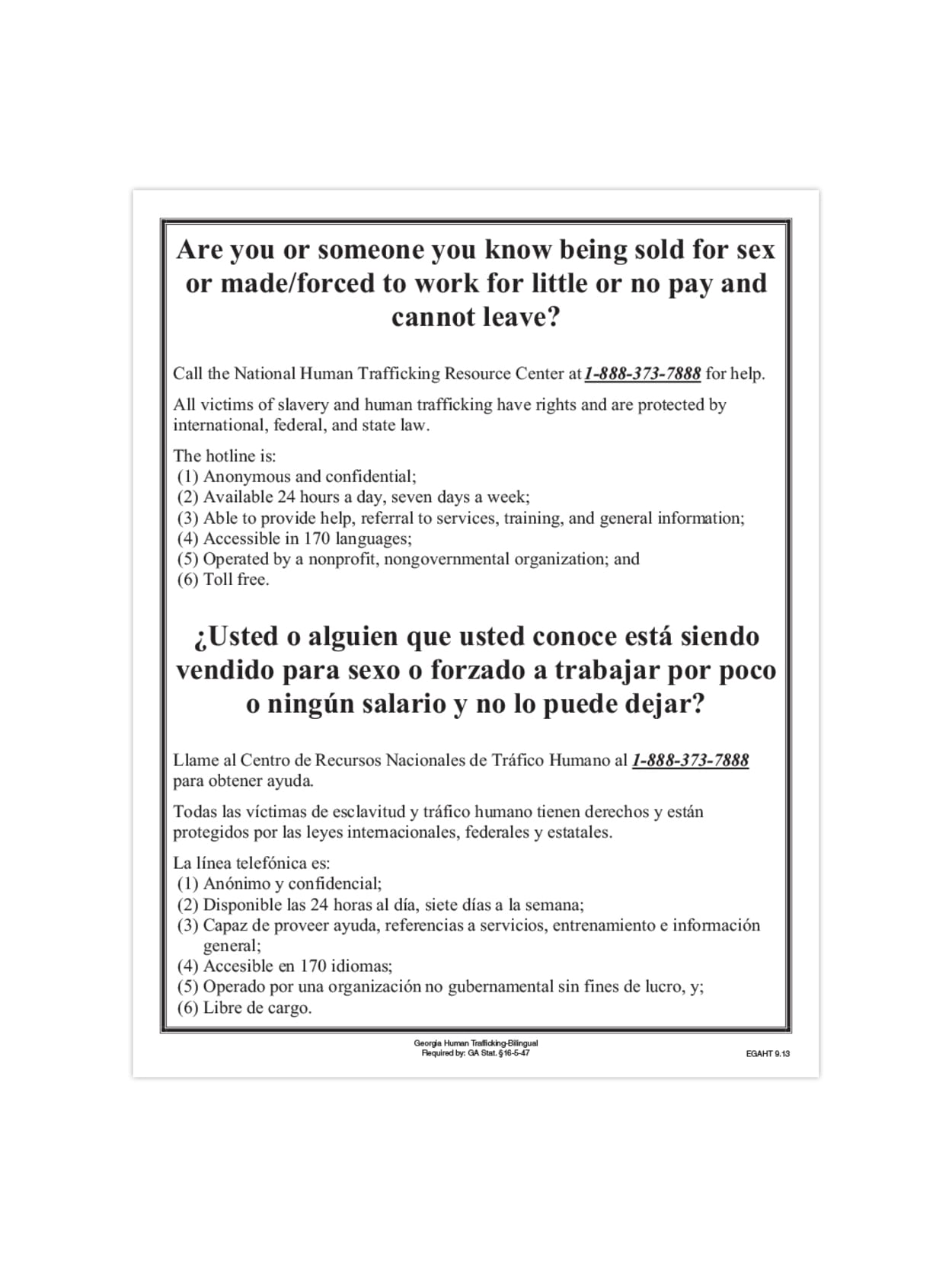 Complyright State Specialty Poster Englishspanish Georgia Human Trafficking 8 12 X 11 Office Depot