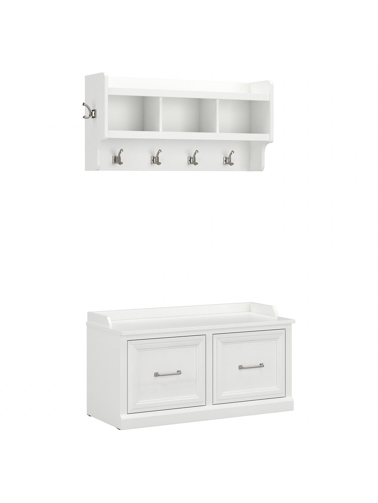 white shoe storage bench on Kathy Ireland Home By Bush Furniture Woodland 40 W Shoe Storage Bench With Doors And Wall Mounted Coat Rack White Ash Standard Delivery Office Depot