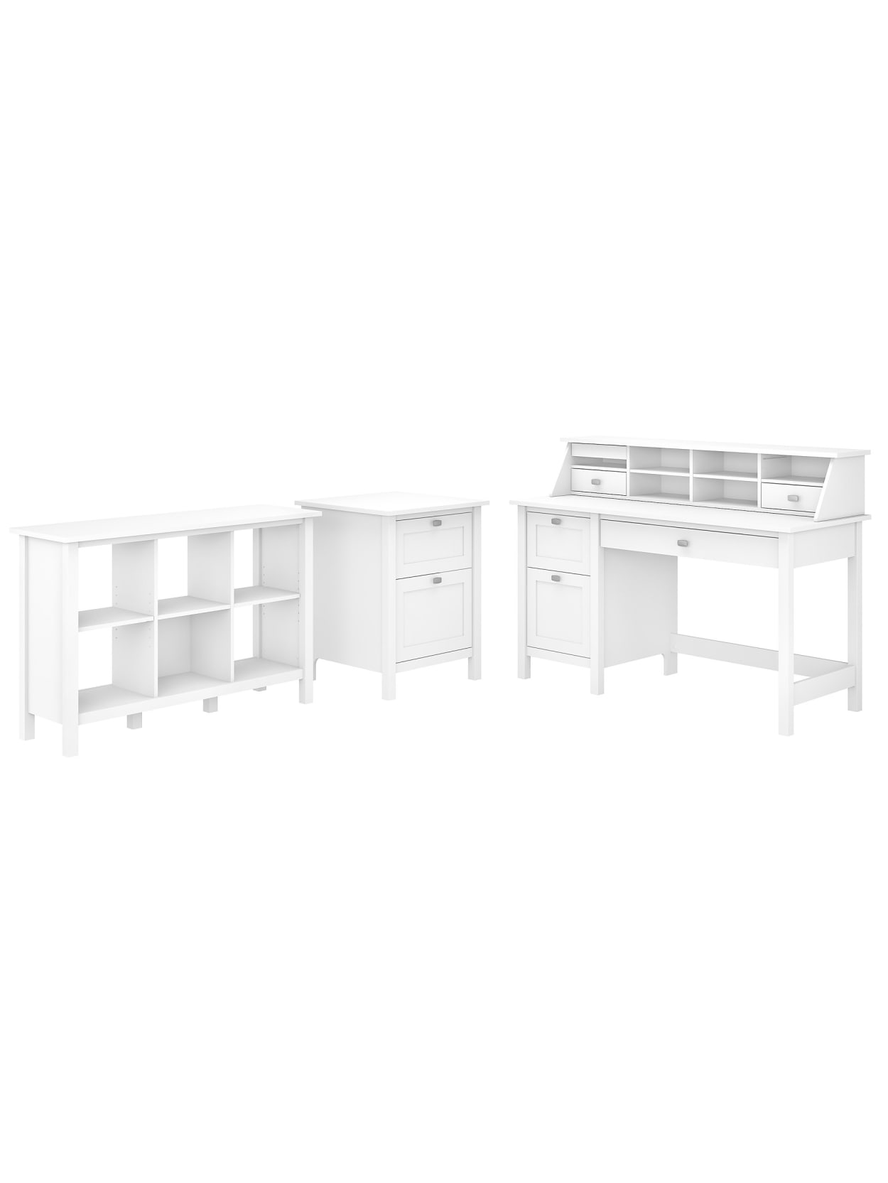 Bush Furniture Broadview 54 W Computer Desk With Pedestal Organizer 6 Cube Bookcase And File Cabinet Pure White Standard Delivery Office Depot