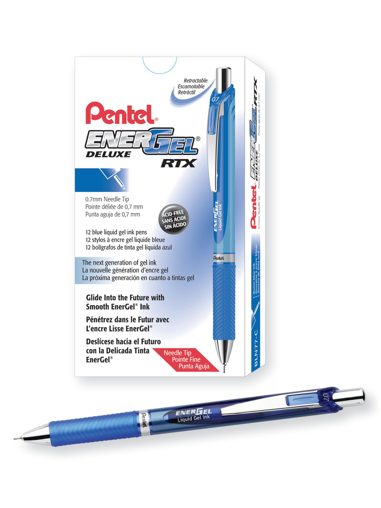 Pentel Energel Deluxe Rtx Retractable Pens Needle Point 0 7 Mm Blue Barrel Blue Ink Pack Of 12 Pens Office Depot