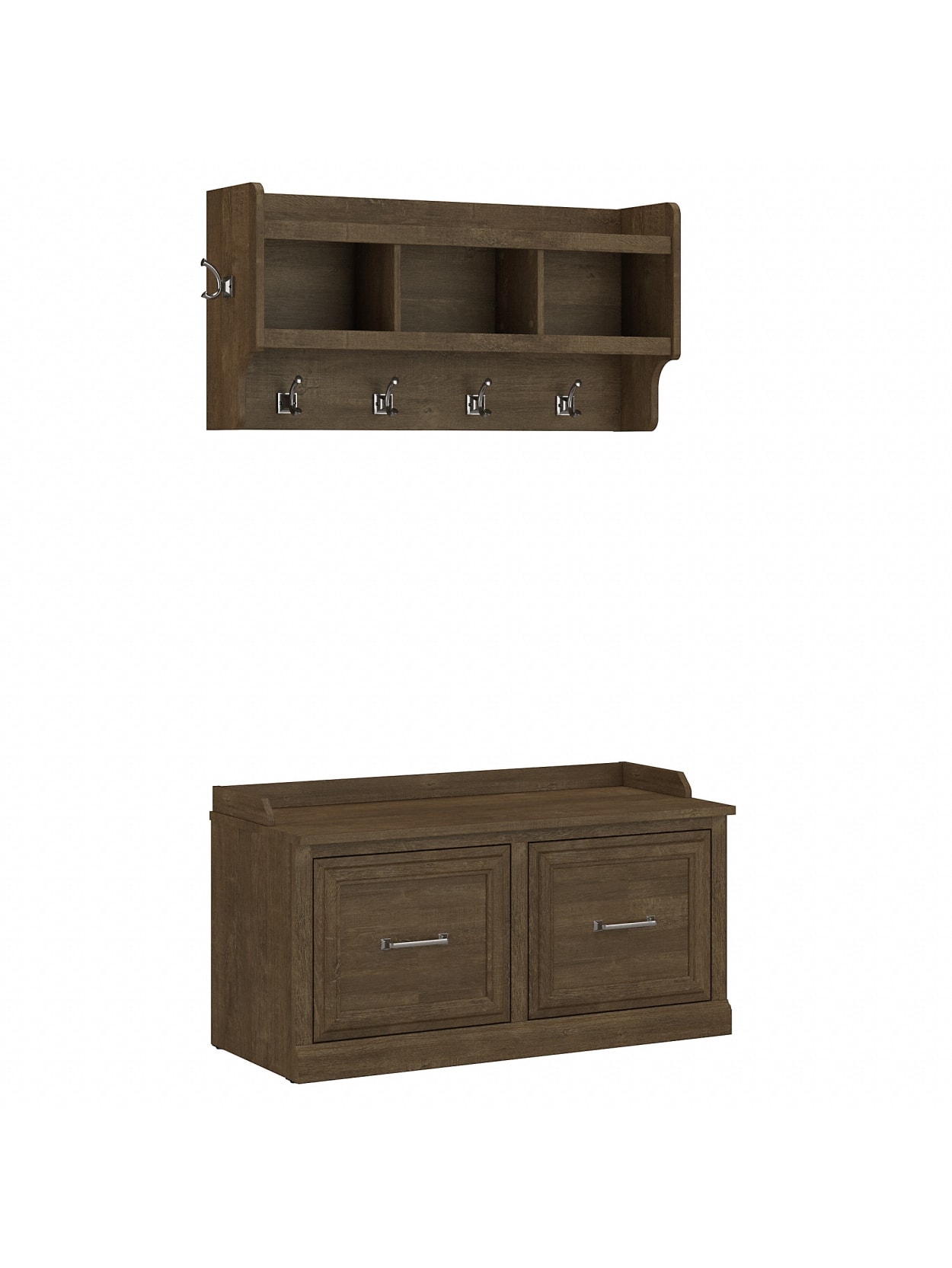 storage bench with shoe rack on Kathy Ireland Home By Bush Furniture Woodland 40 W Shoe Storage Bench With Doors And Wall Mounted Coat Rack Ash Brown Standard Delivery Office Depot