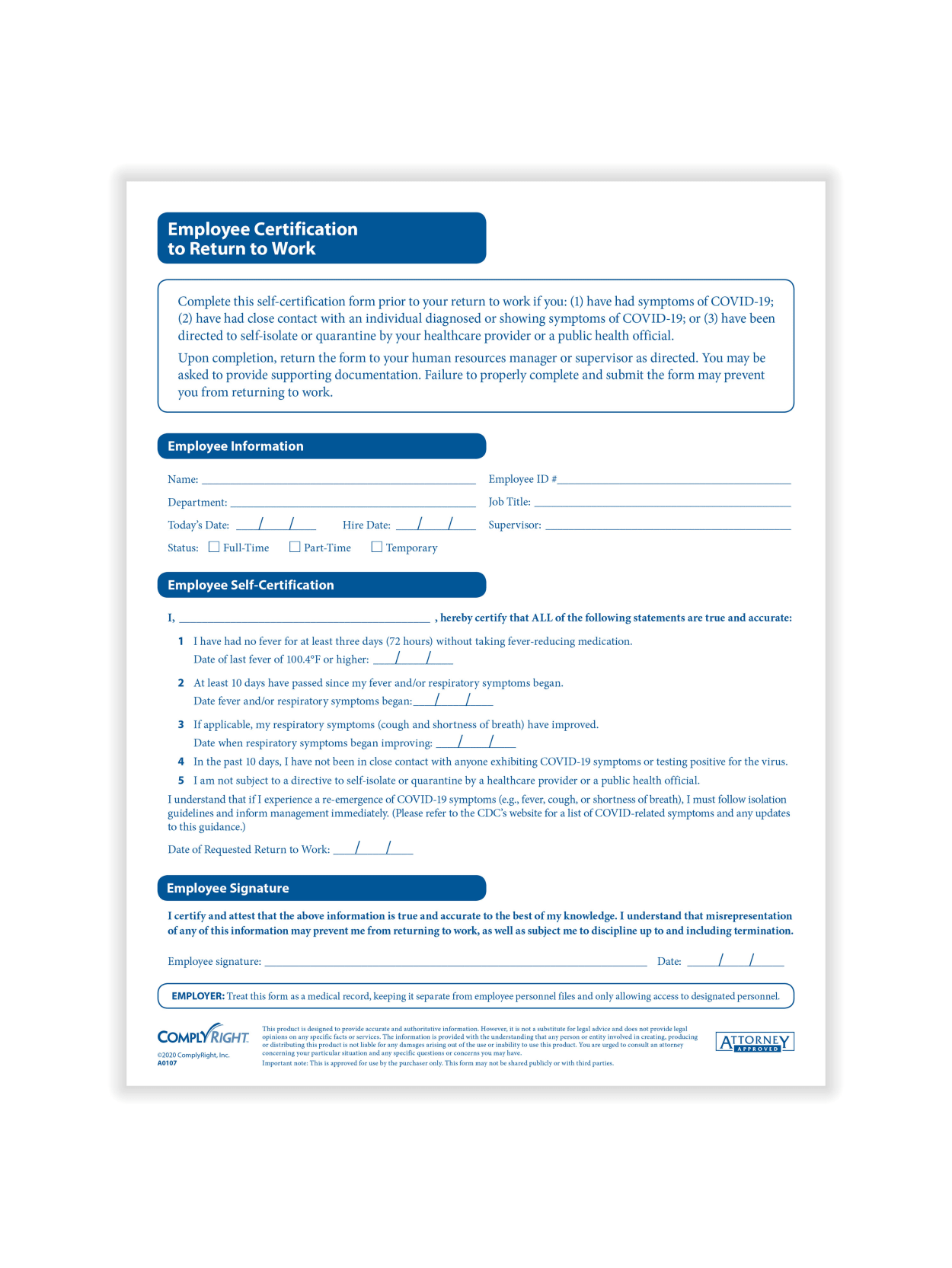 Employee Cert To Return To Work Forms 25pk Office Depot