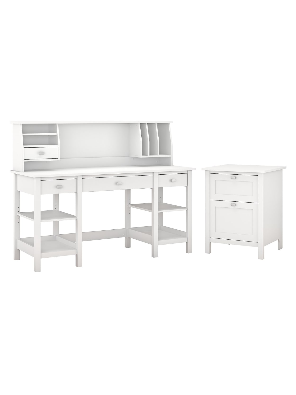 Bush Furniture Broadview 60 W Desk With Storage Shelves Small Hutch Organizer And File Cabinet Pure White Standard Delivery Office Depot