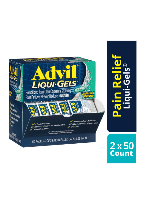 advil liqui gels pain reliever refill 2 tablets per packet box of 50 packets item 100456