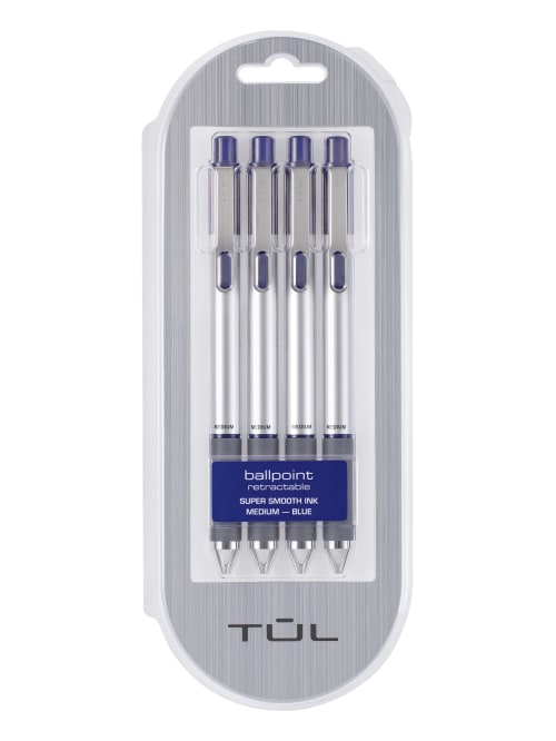 Tul Bp3 Retractable Ballpoint Pens Medium Point 1 0 Mm Silver Barrel Blue Ink Pack Of 4 Pens Office Depot