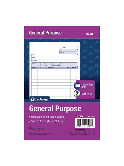 Adams Carbonless All Purpose Forms 2 Part 8 12 X 5 1116 Whitecanary 100 Sets Per Book Carton Of 12 Packs Office Depot