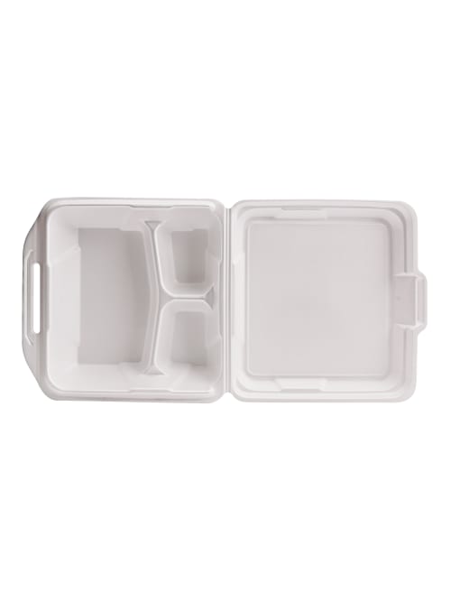 Genpak 3 Compartment Hinged Lid Foam Carryout Containers 9 14 X 3 White 100 Containers Per Bag Carton Of 2 Bags Office Depot