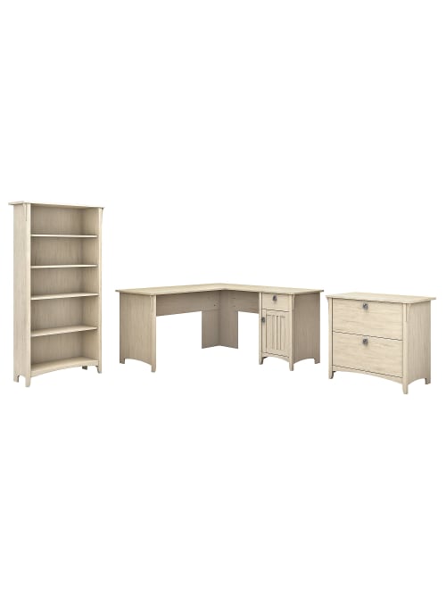 Bush Furniture Salinas 60 W L Shaped Desk With Lateral File Cabinet And 5 Shelf Bookcase Antique White Standard Delivery Office Depot