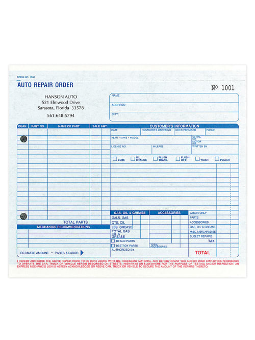 custom carbon business forms preformatted auto repair order forms  81/2” x 7” 3part box of 250 item  218291