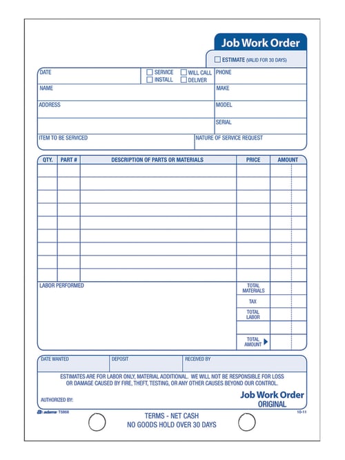 Adams Carbonless Job Work Order Book 5 916 X 8 716 3 Part Whitecanarywhite Office Depot