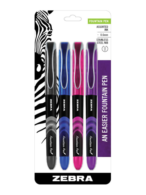 Zebra Fountain Pens Fine Point 0 6 Mm Assorted Barrel Colors Assorted Ink Colors Pack Of 4 Office Depot