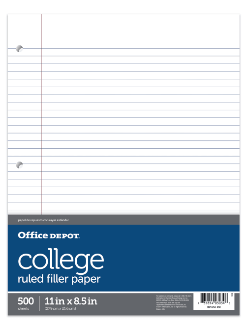Office Depot Brand Ruled Filler Paper 8 12 X 11 3 Hole Punched 16 Lb College Ruled With Margin Ream Of 500 Sheets Office Depot
