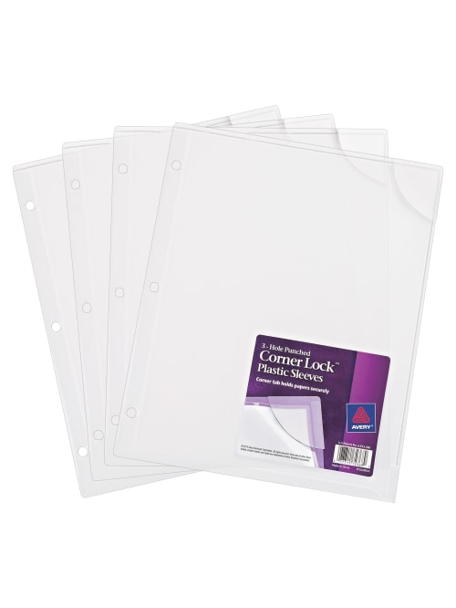 Avery Corner Lock 3 Hole Punched Plastic Sleeves Clear Pack Of 4 Office Depot