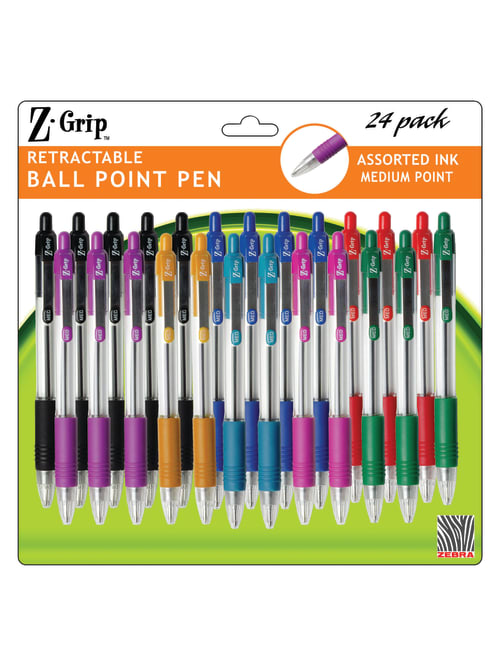 Zebra Z Grip Retractable Ballpoint Pens Medium Point 1 0 Mm Clear Barrels Assorted Ink Colors Pack Of 24 Office Depot