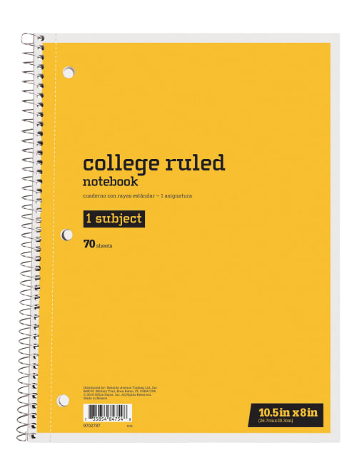 Just Basics Spiral Notebook 8 X 10 12 1 Subject College Ruled 70 Sheets Yellow Office Depot